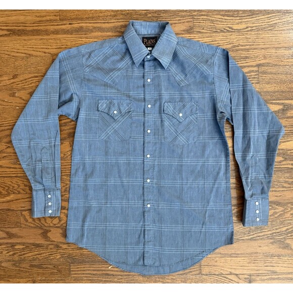 Plains Western Shirt Mens M Blue Striped Pearl Snap Button Up Long Sleeve Rodeo - Picture 1 of 10